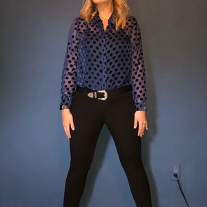 Long sleeve button down blue velvet blouse